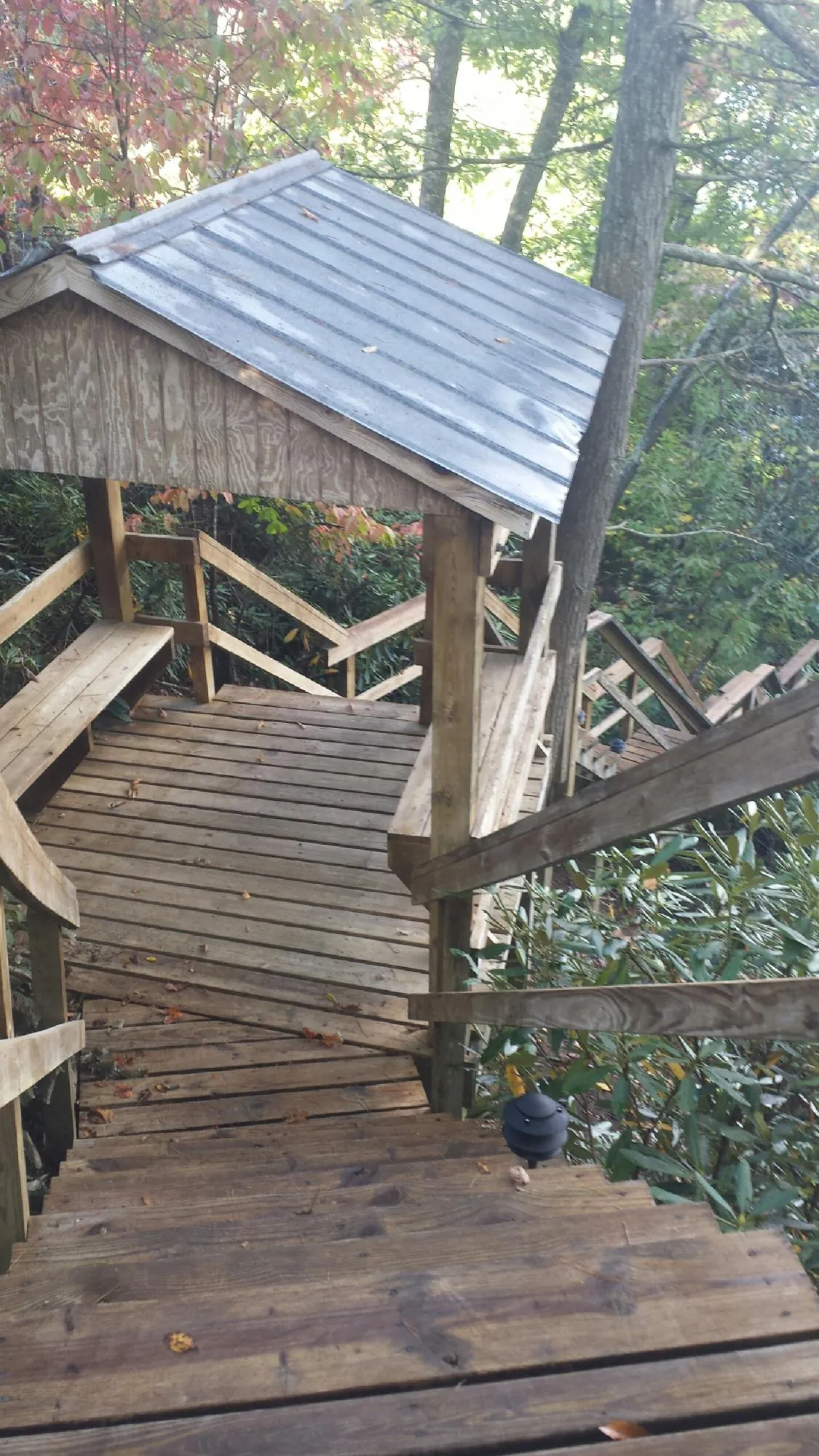 Metal roofed shelter over wooden steps on a wooded walkway — Skylight Repair & Installation work by our crew in Three Forks